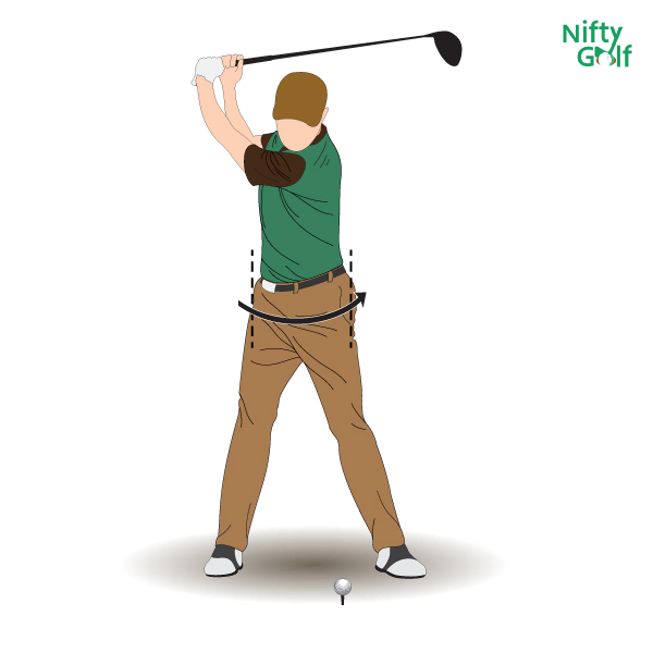 A person playing golf, mid-swing, with their hips rotated towards the target and their arms extended back, ready to begin the downswing.