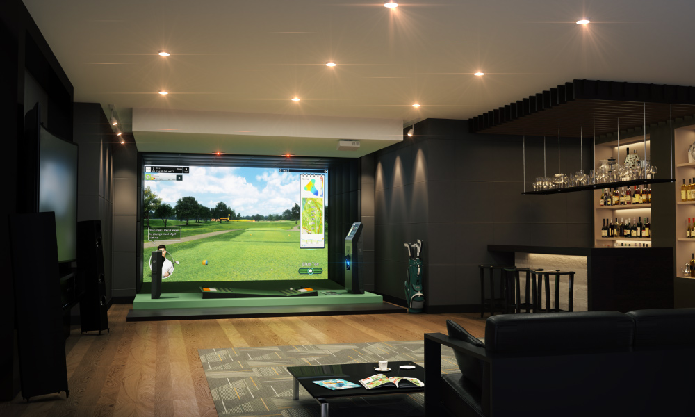 golf simulator room designed as a sports bar, featuring a bar with stools, a TV, and a projector screen