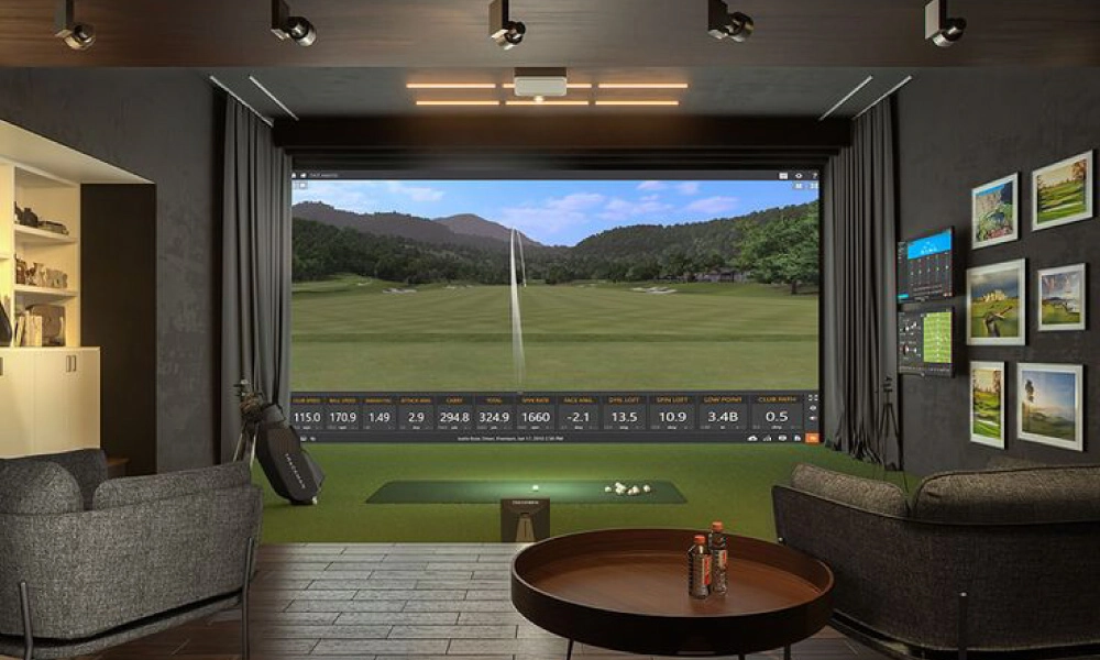 golf simulator room featuring a high-quality sound system that enhances the immersive experience of playing golf
