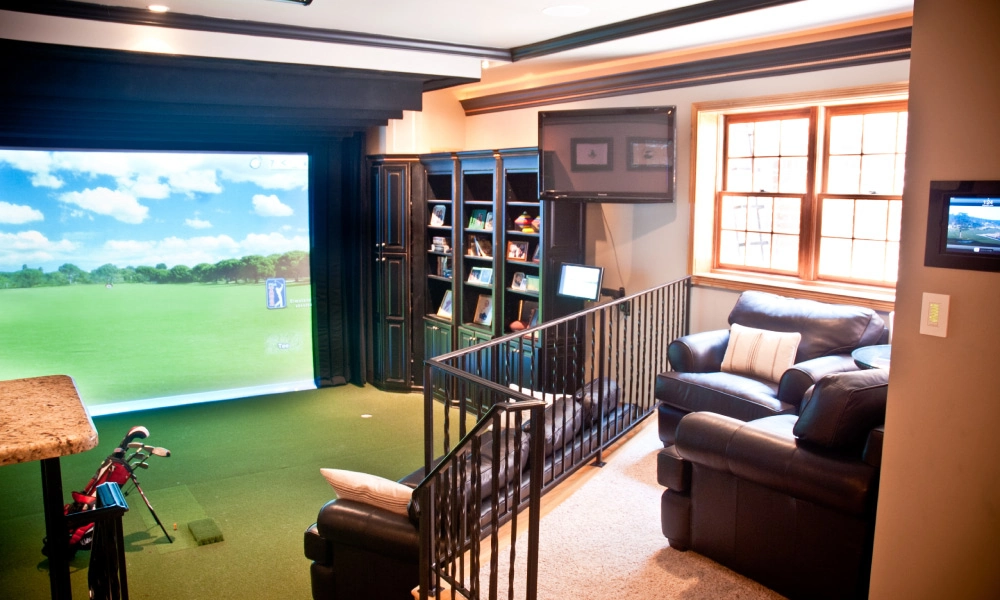 vintage-style golf simulator room with classic furniture
